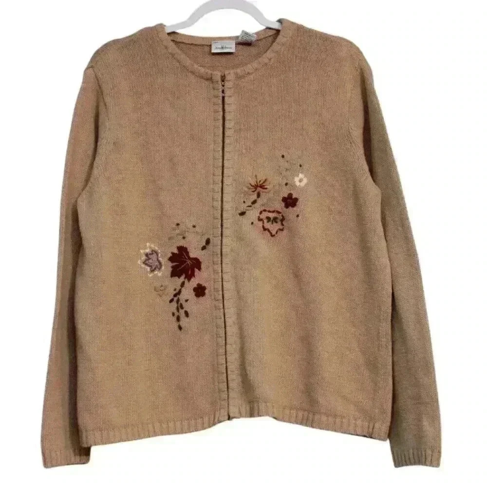 Vintage 90s Full Zip Sweater Jacket Size Large Ramie Knit Embroidered Leaf Fall